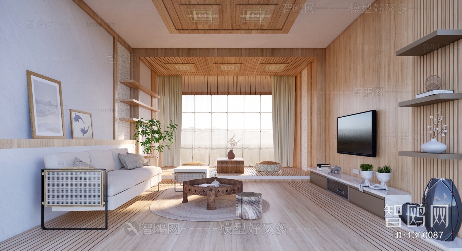 日式家居客厅 日式家具沙发茶几 日式软装摆件