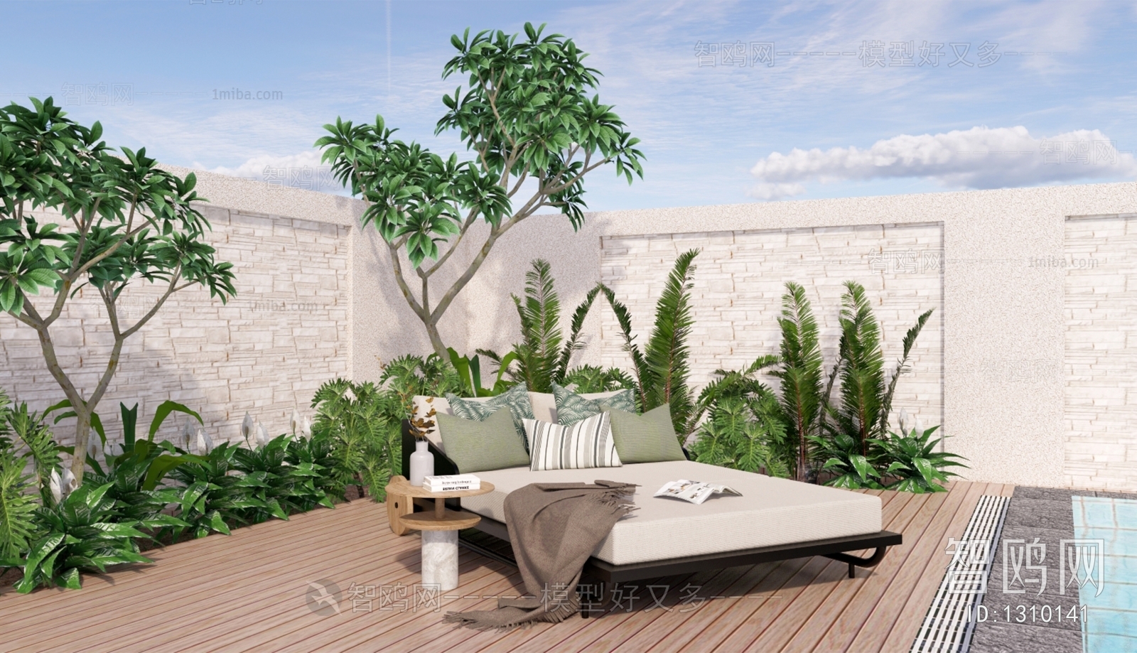 现代庭院沙发床 户外休闲沙发 庭院花园景观 植物灌木花草