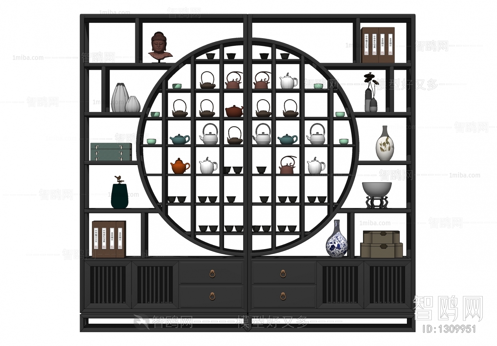 新中式博古架 多宝阁 置物架 装饰架 古董摆件 瓷器花瓶 茶壶