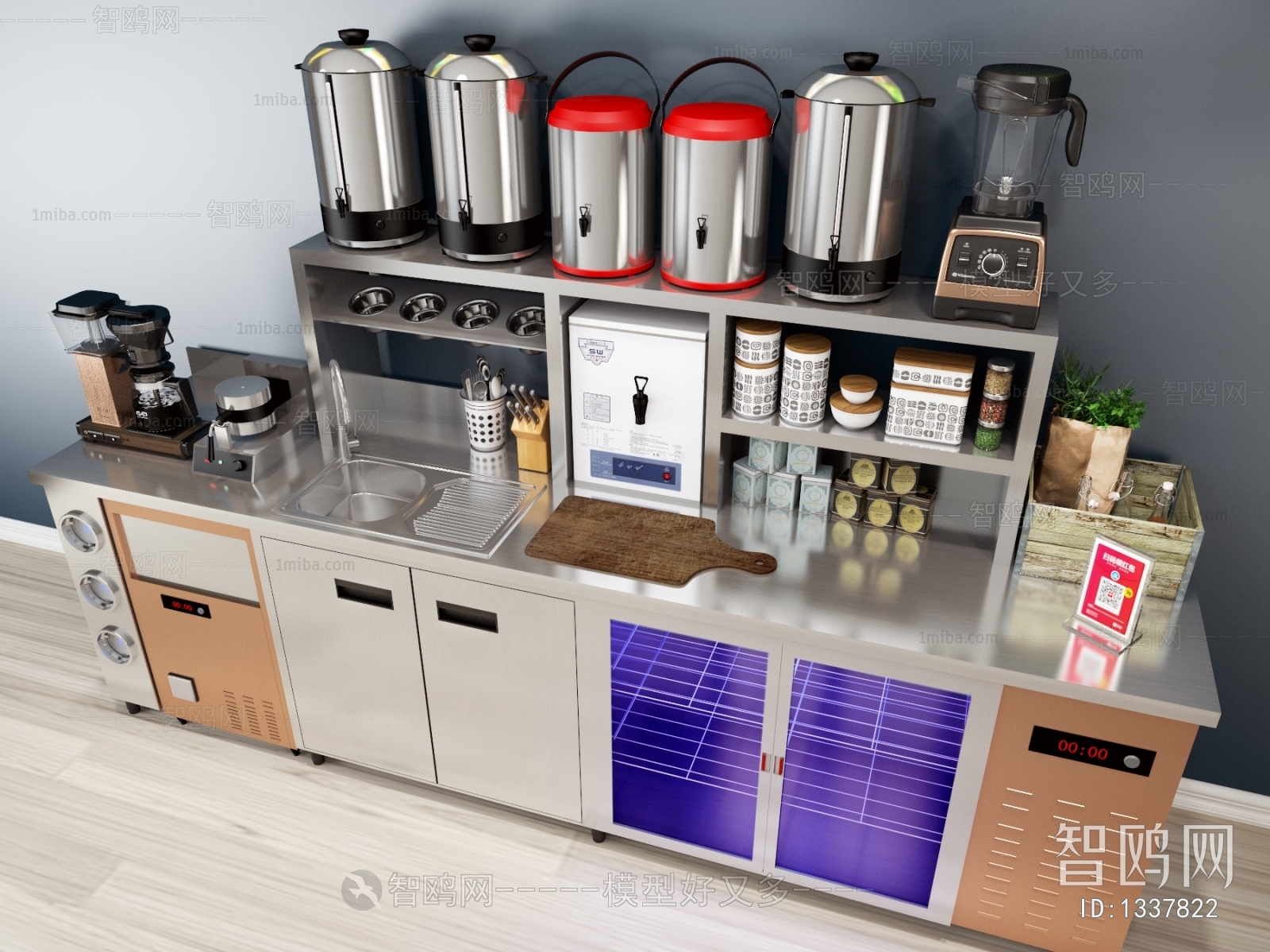 现代奶茶店操作台 制冰机，冷藏柜