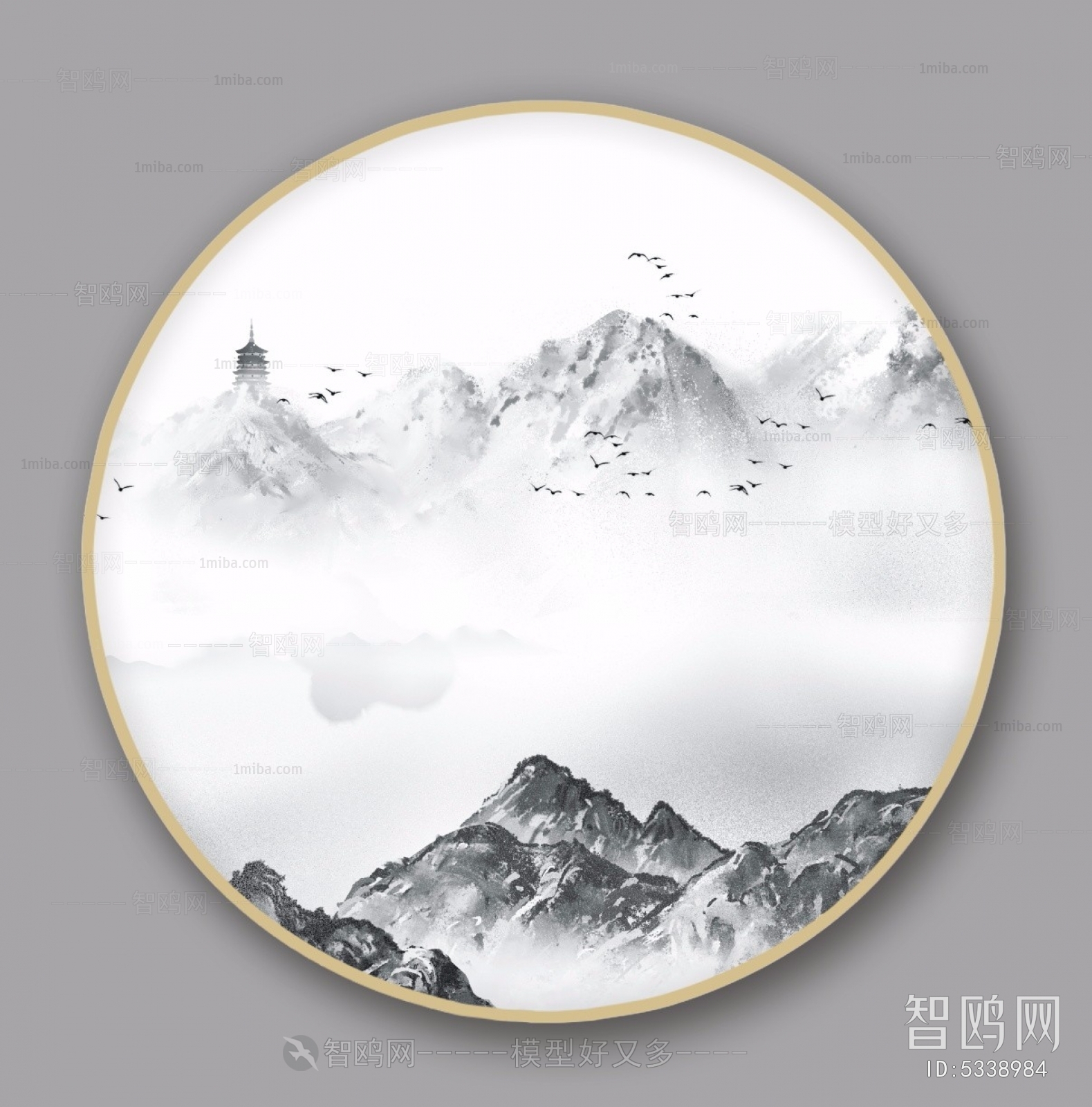 新中式水墨圆形山水装饰画