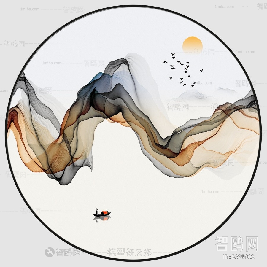 新中式水墨圆形山水装饰画