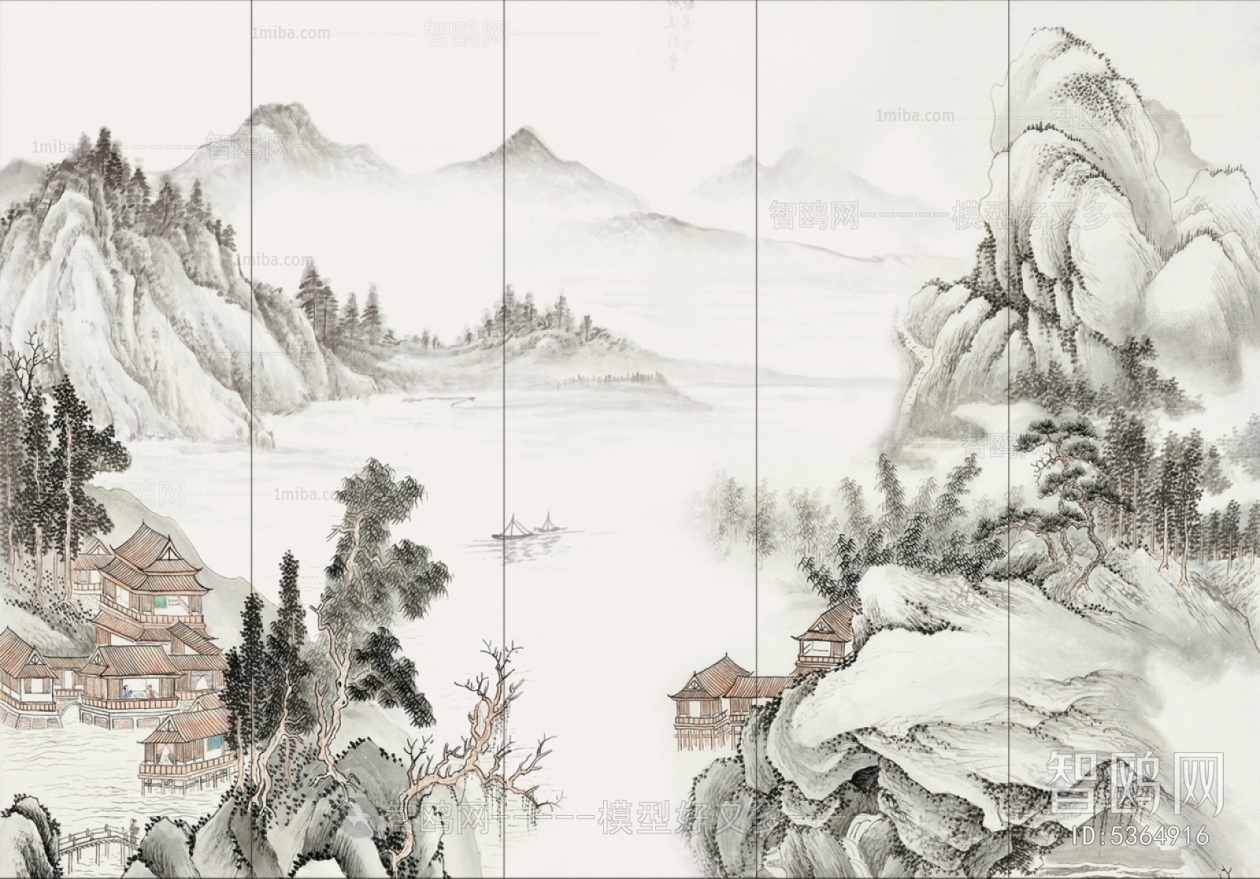 中式背景墙山水画