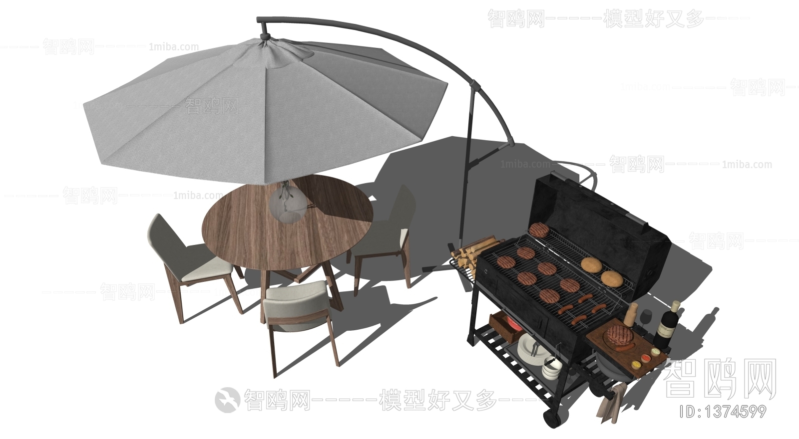 现代户外休闲桌椅组合,遮阳伞,烧烤架