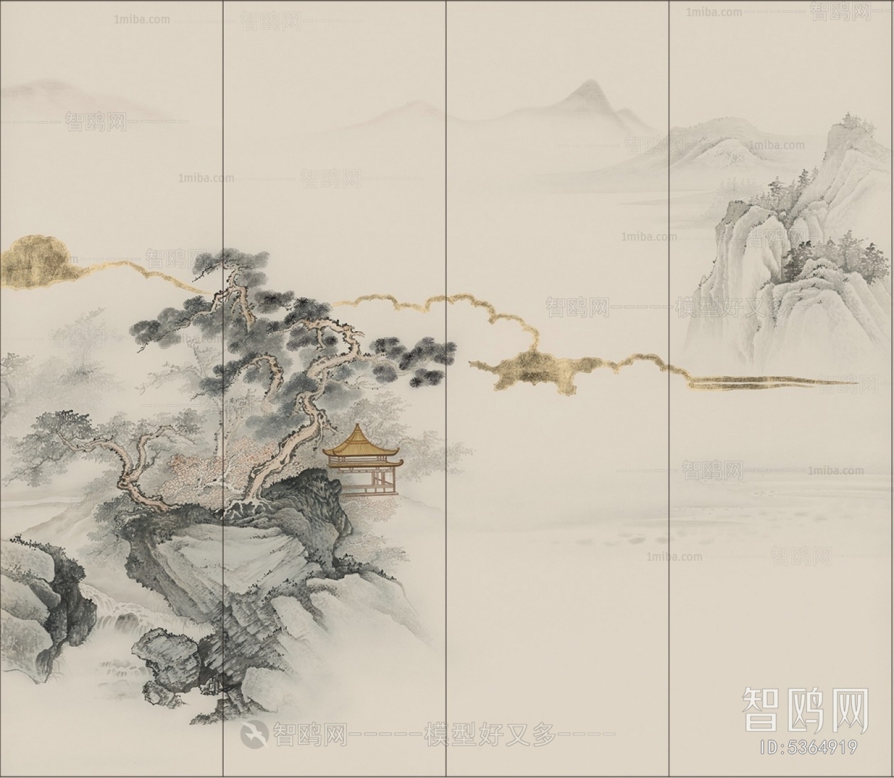 中式背景墙山水画3D模型下载