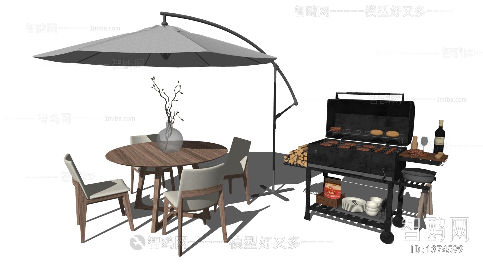 现代户外休闲桌椅组合,遮阳伞,烧烤架