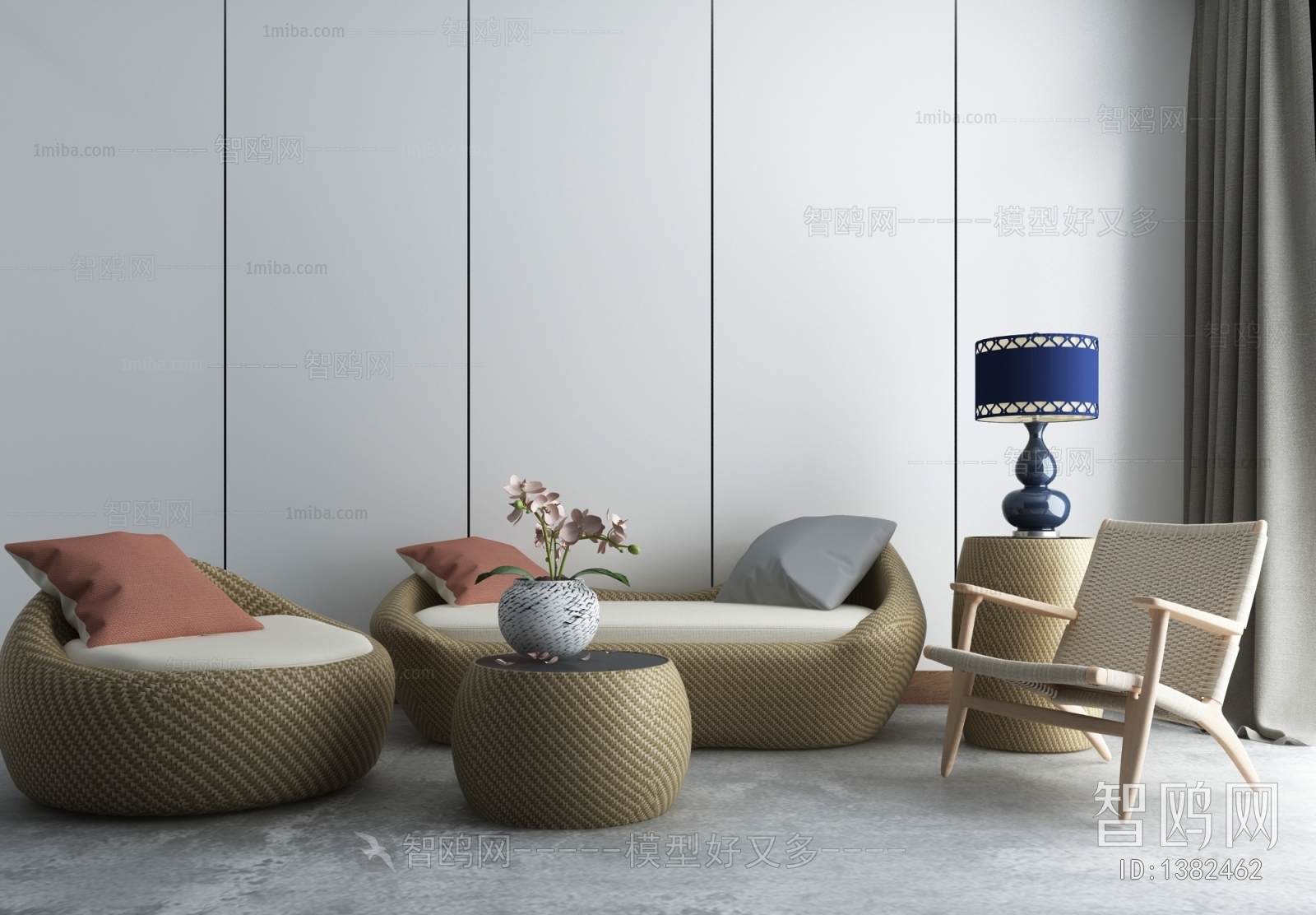 中式竹编藤椅沙发茶几组合