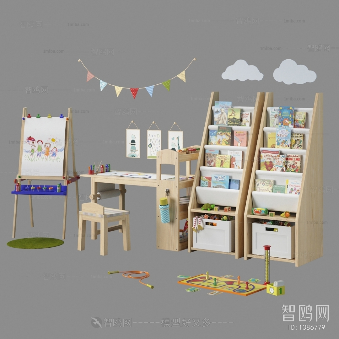 现代儿童玩具 画板 儿童书桌椅书架