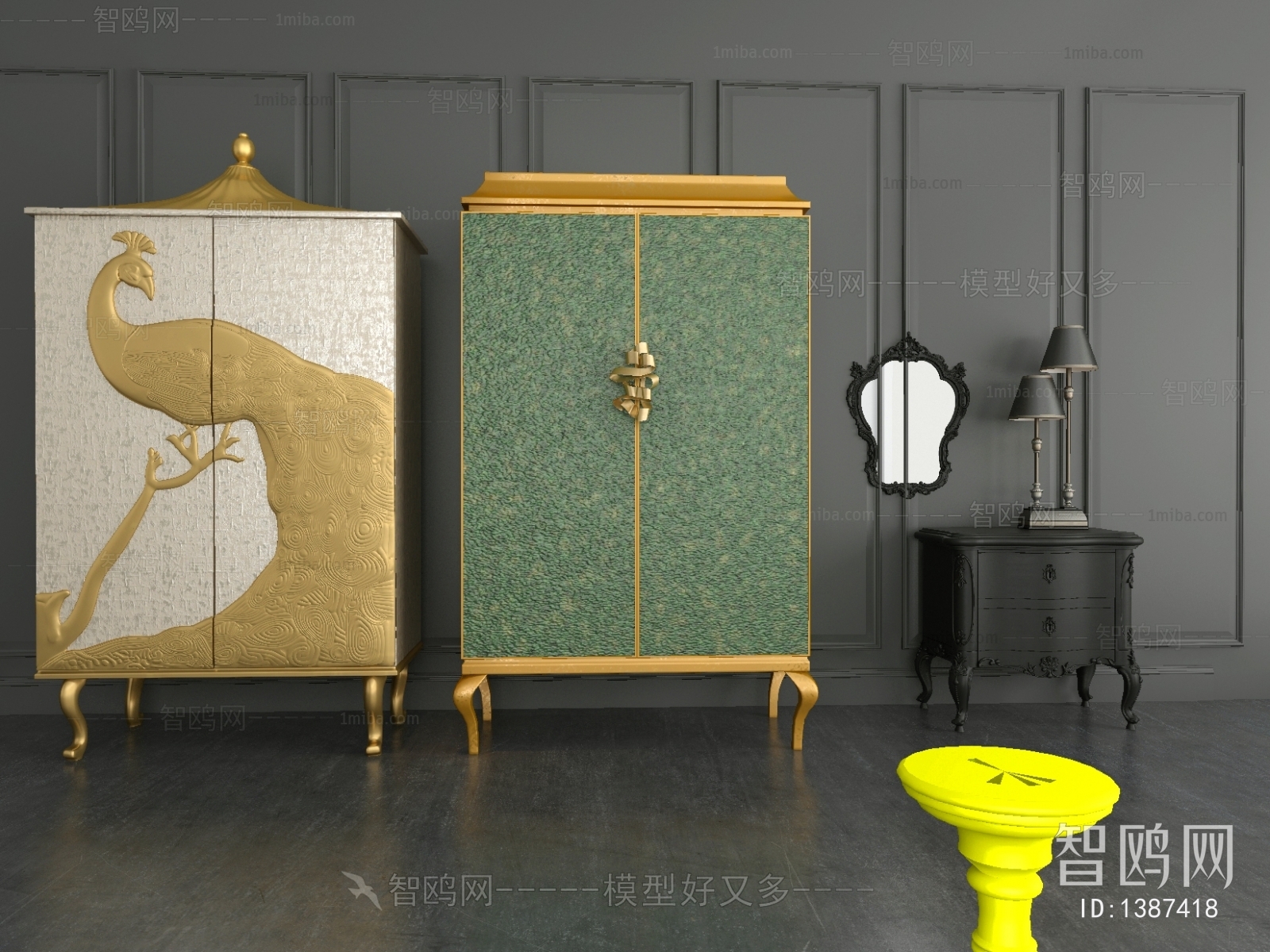 中式古典青金色凤凰柜