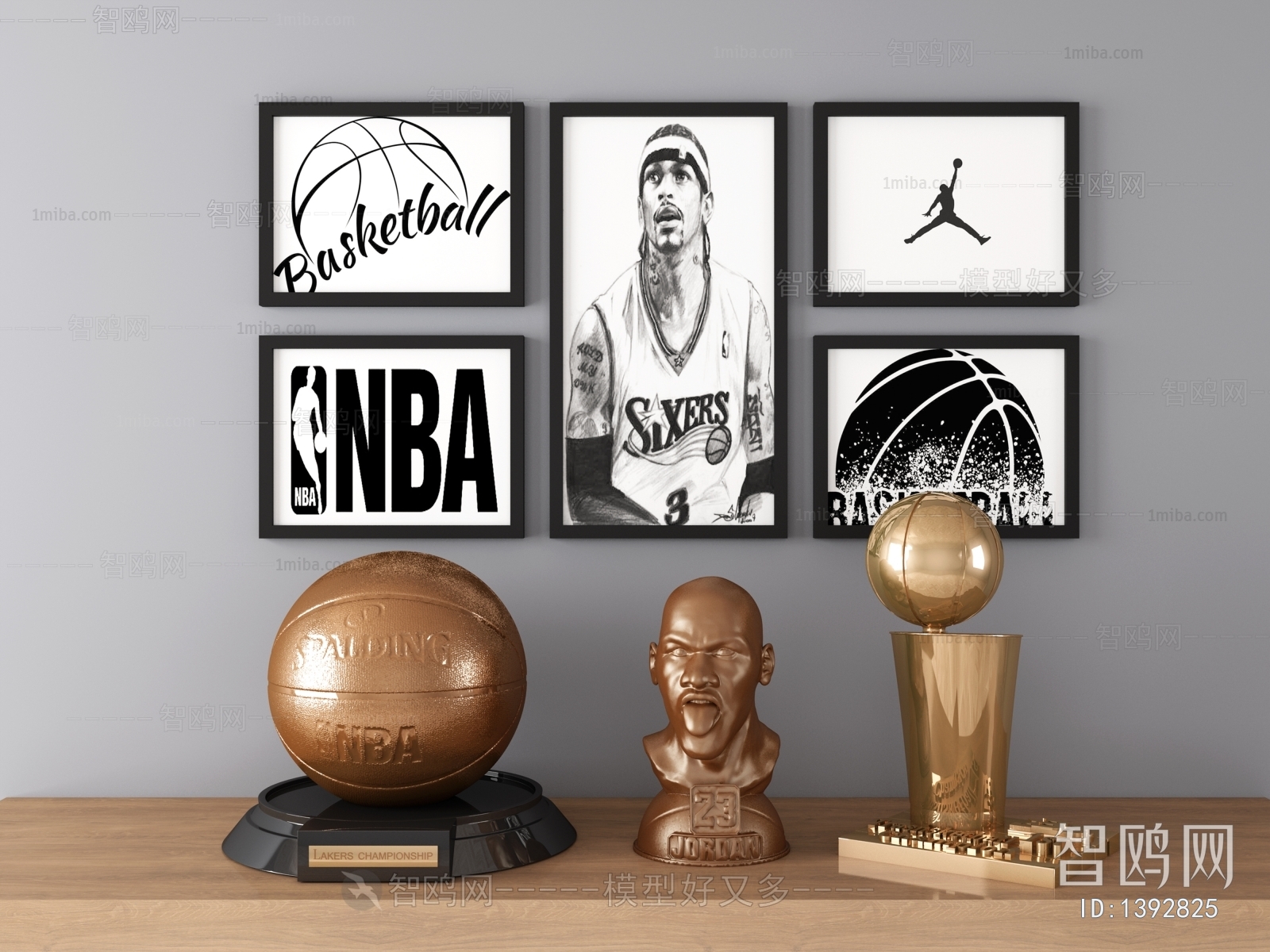 现代乔丹雕塑NBA总冠军奖杯摆件