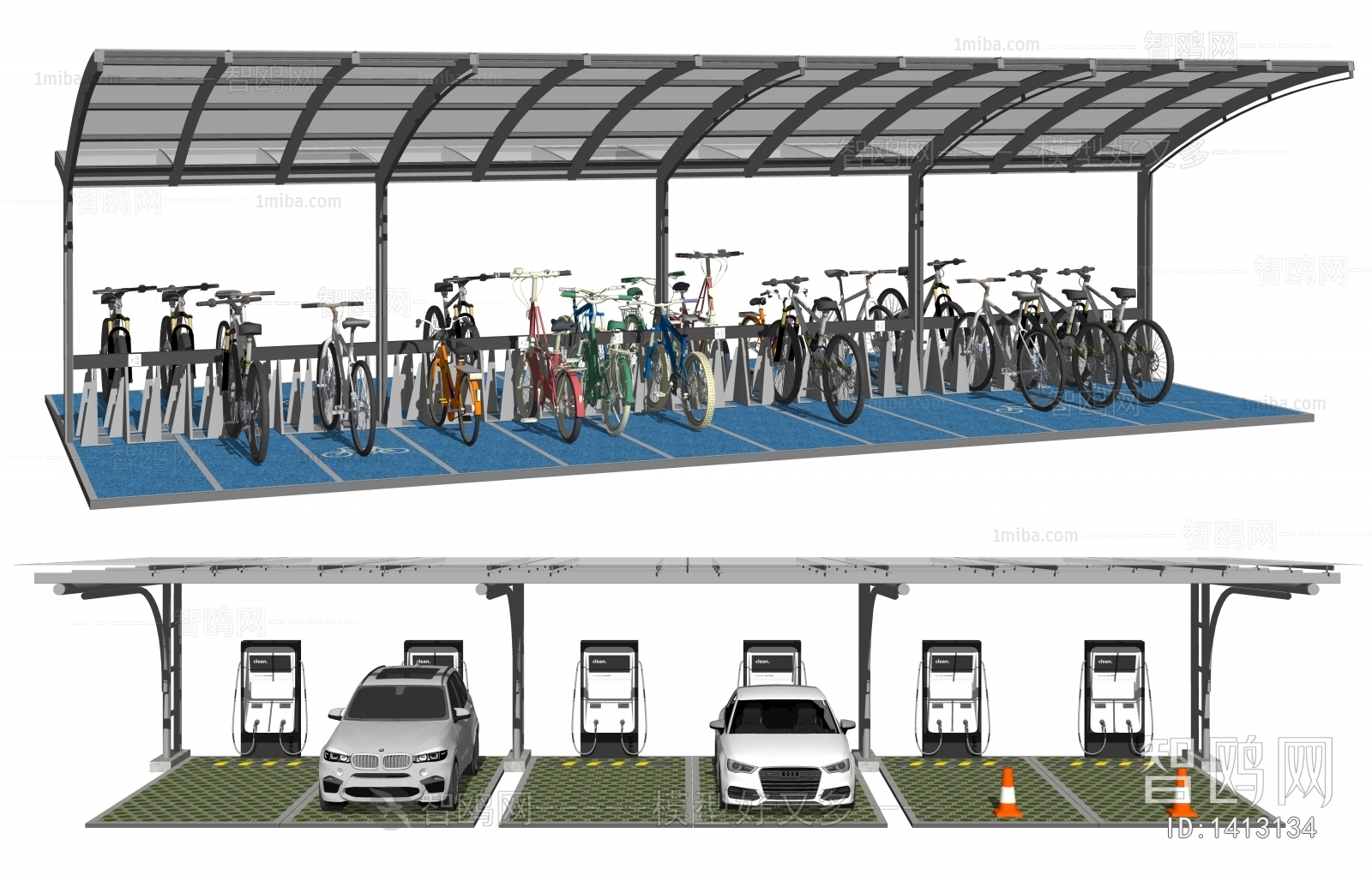 现代汽车停车位、自行车停车棚、自行车