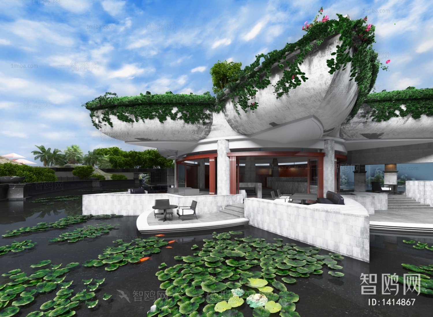 东南亚酒店大堂生态植物水池池塘荷叶造型