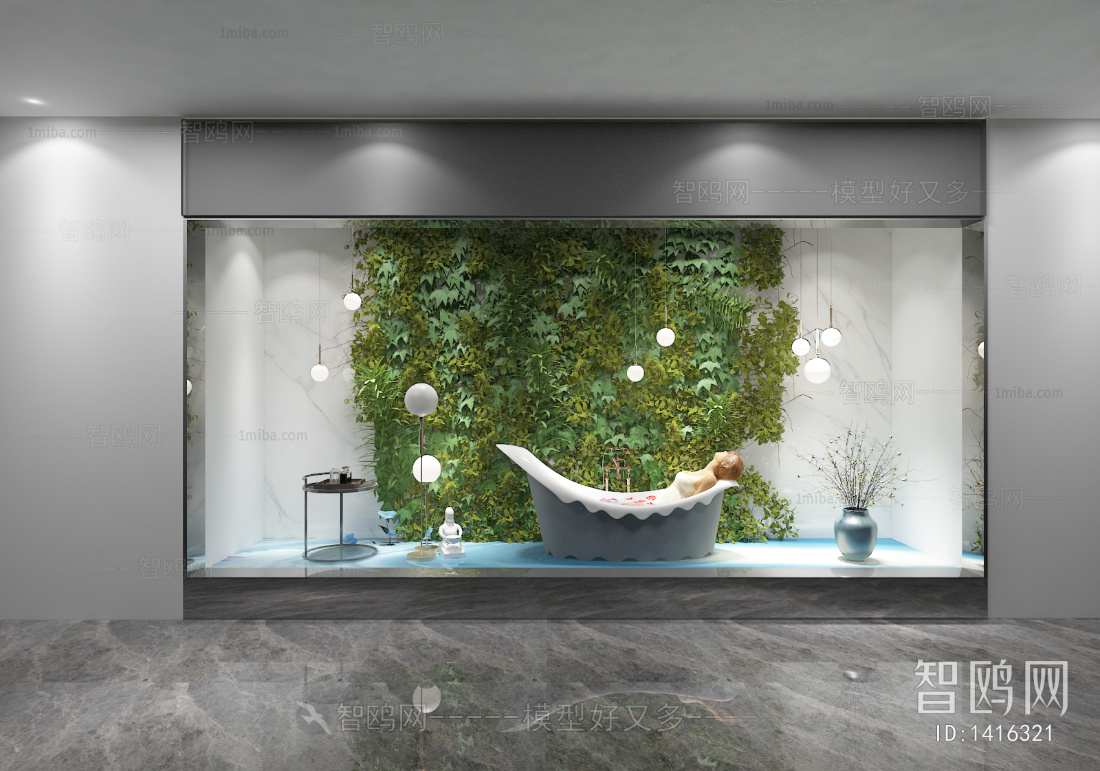 现代浴缸橱窗 植物墙