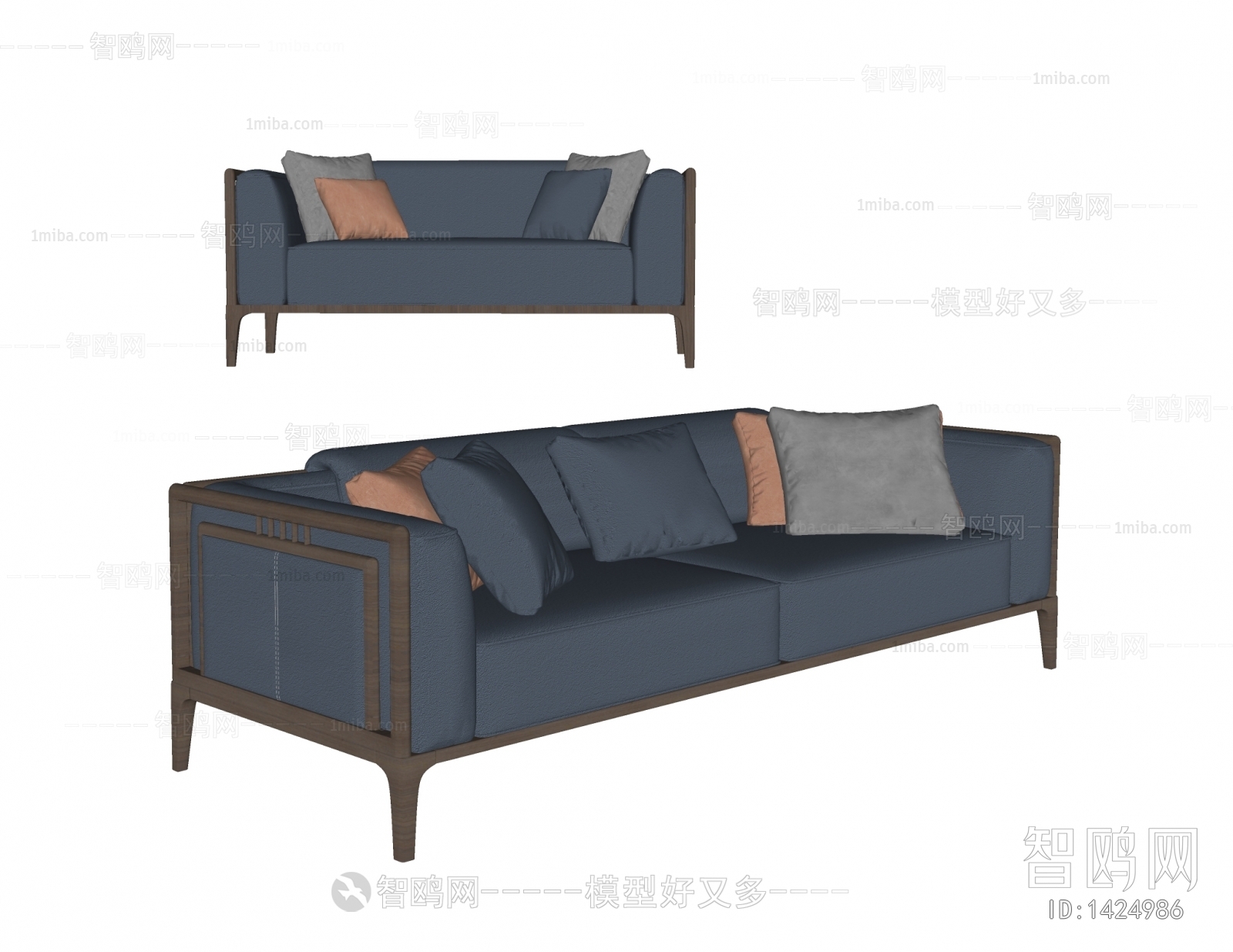 新中式实木皮革双人沙发
