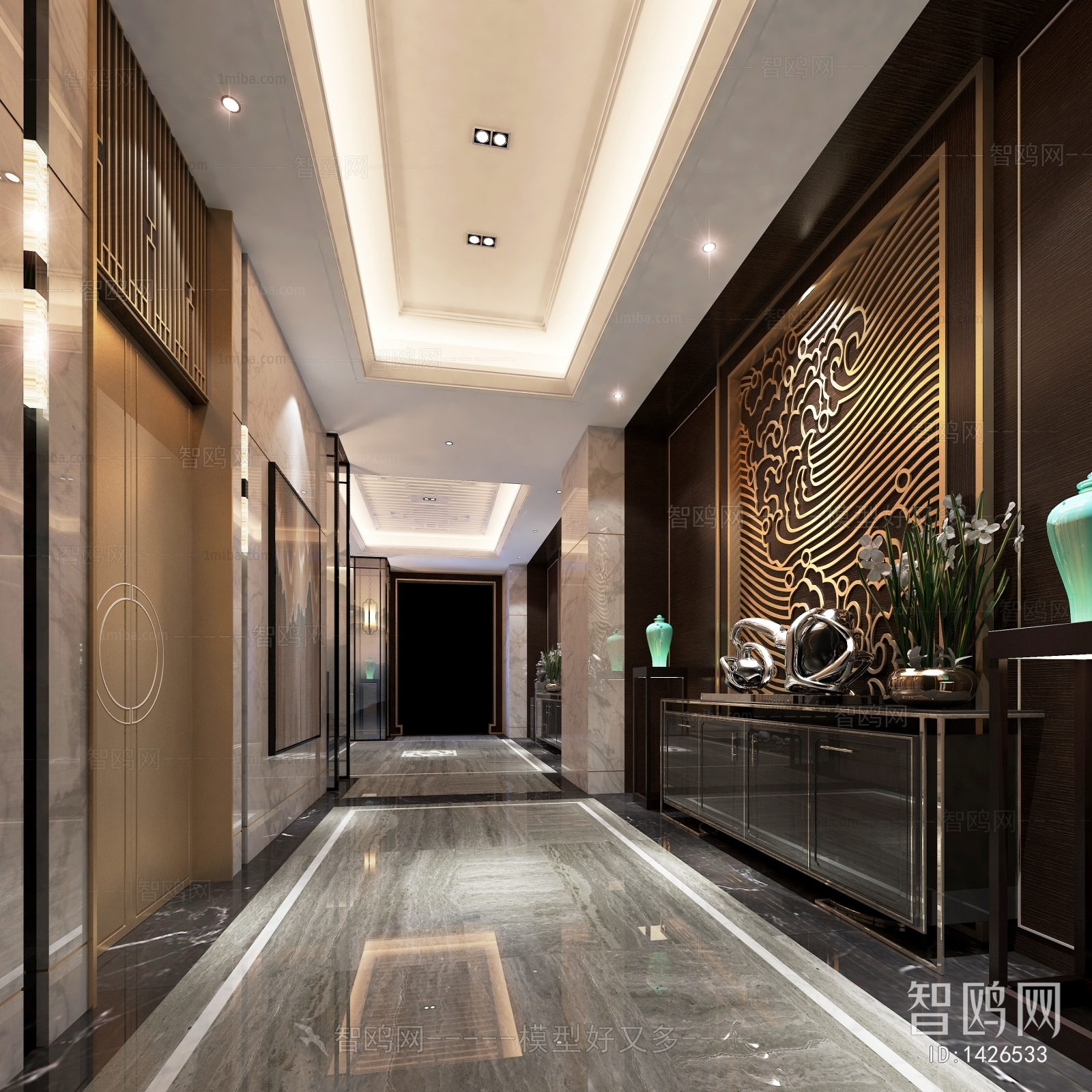新中式酒店会所走廊电梯厅