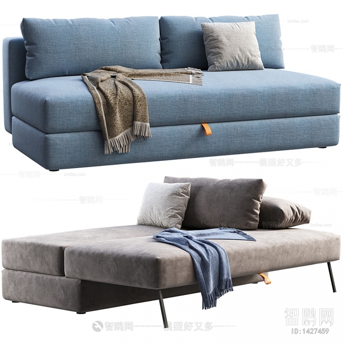 现代蓝色布艺沙发床