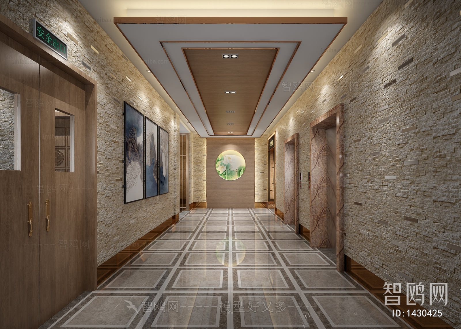 新中式酒店会所走廊电梯厅