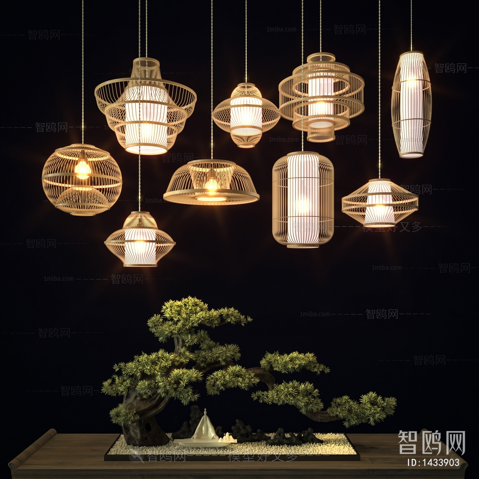 新中式日式吊灯 松树，盆景
