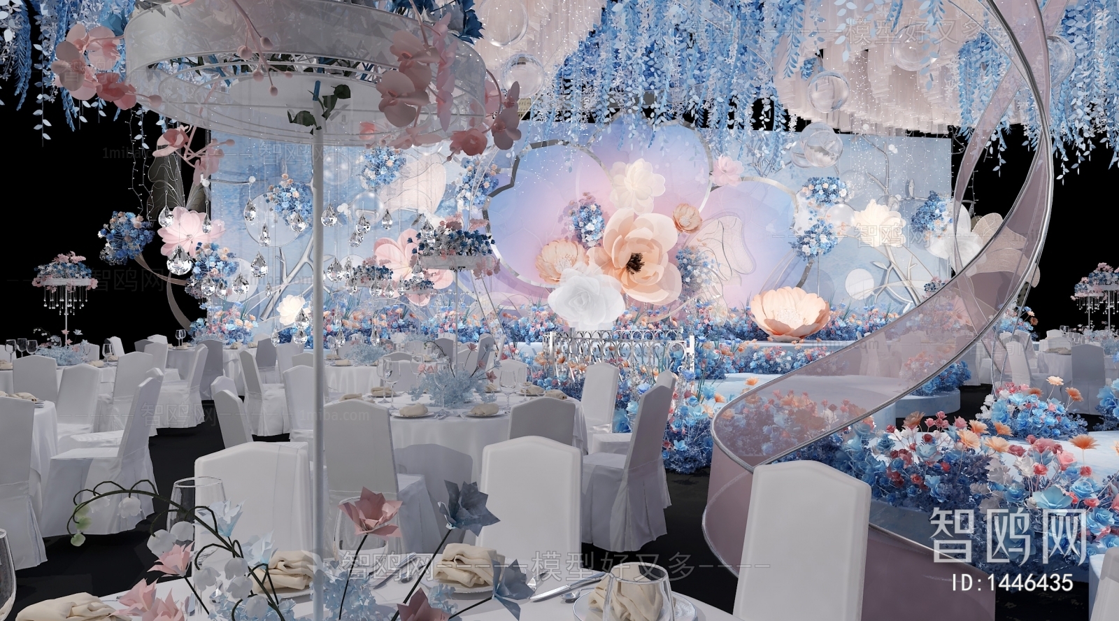 现代蓝粉色婚庆布置宴会厅