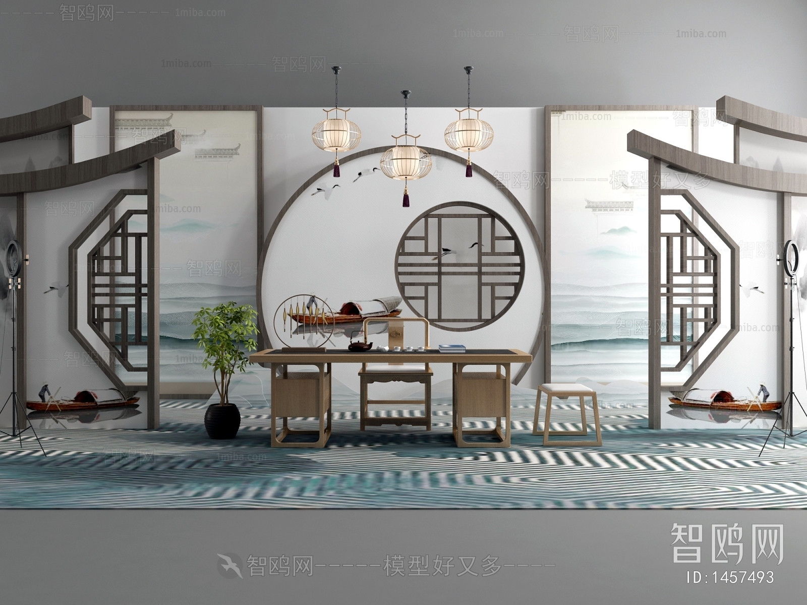 新中式美陈 背景墙茶桌椅