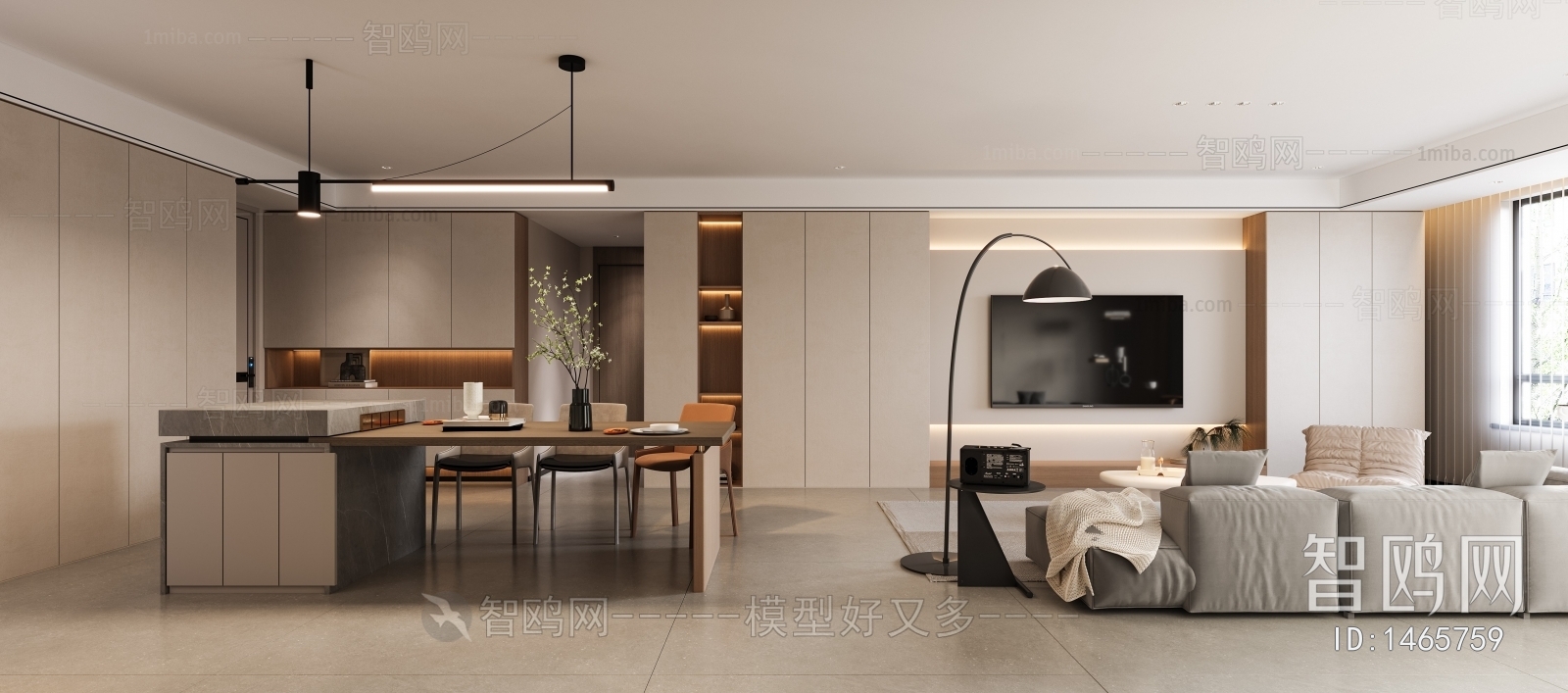 多场景-现代客餐厅+卧室3D模型下载