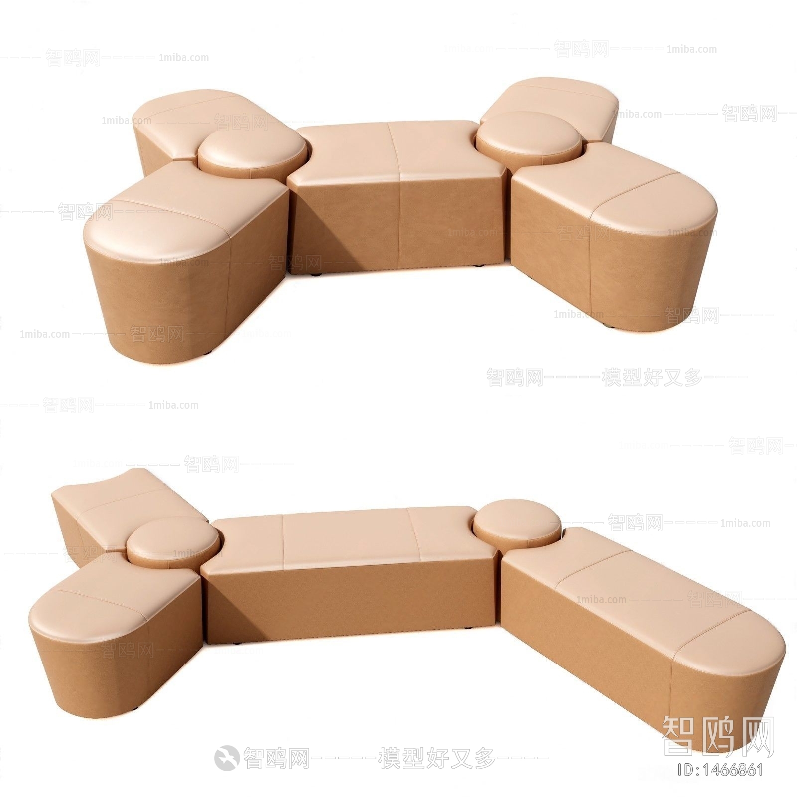 现代浅棕皮革沙发凳组合