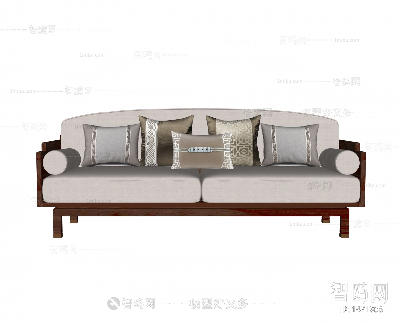 现代新中式布艺多人沙发