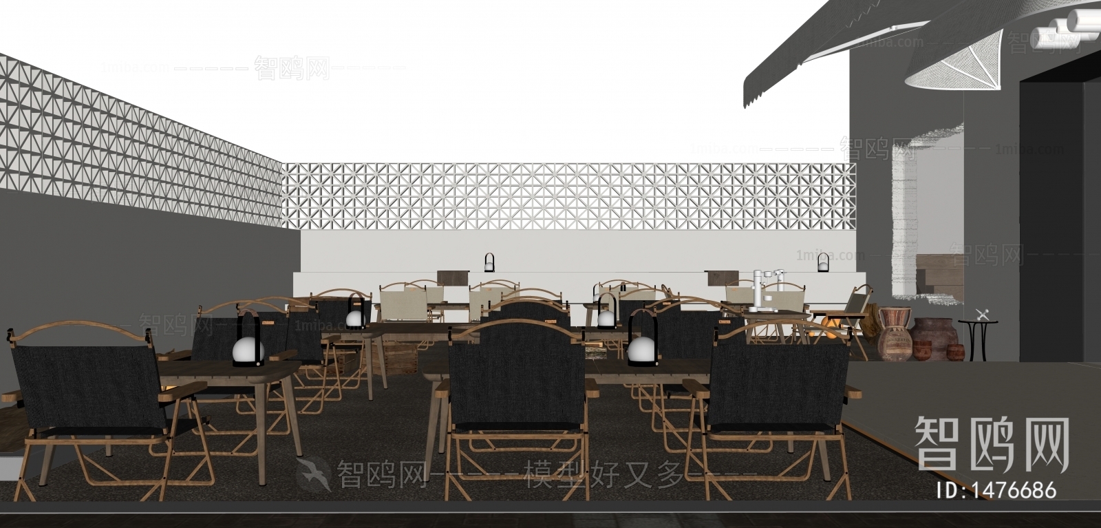 现代侘寂风西餐厅3D模型下载
