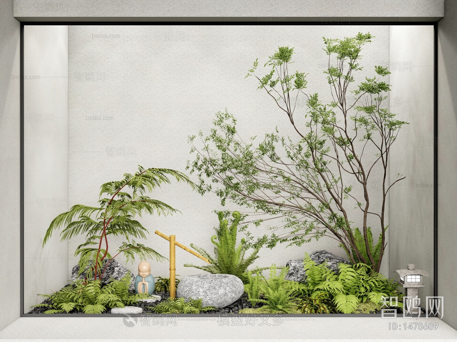 日式庭院景观小品、景观树、蕨类植物