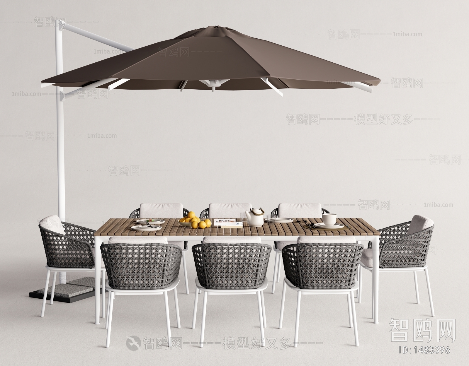 现代户外藤编餐桌椅，遮阳伞