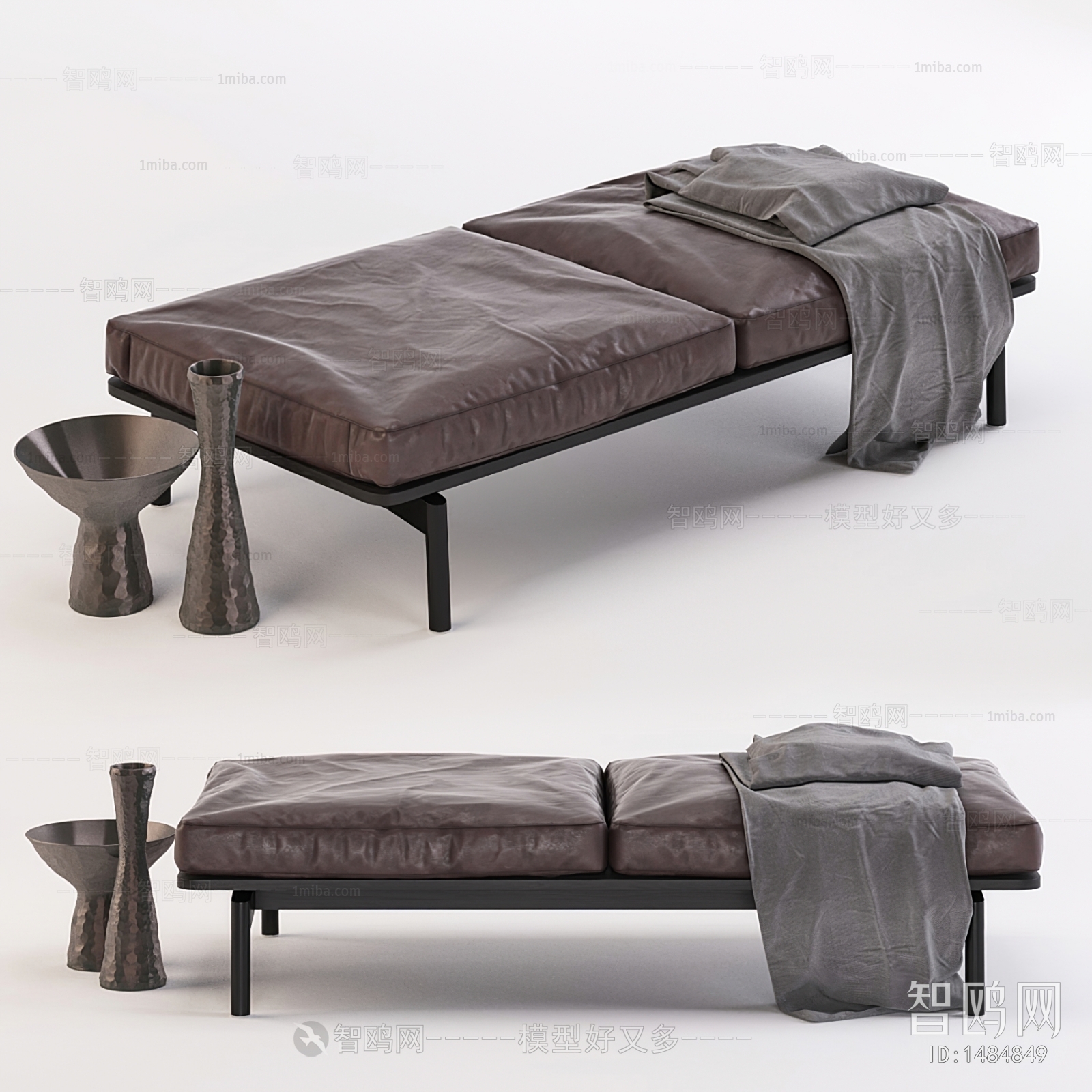 现代棕色皮革沙发凳，脚踏