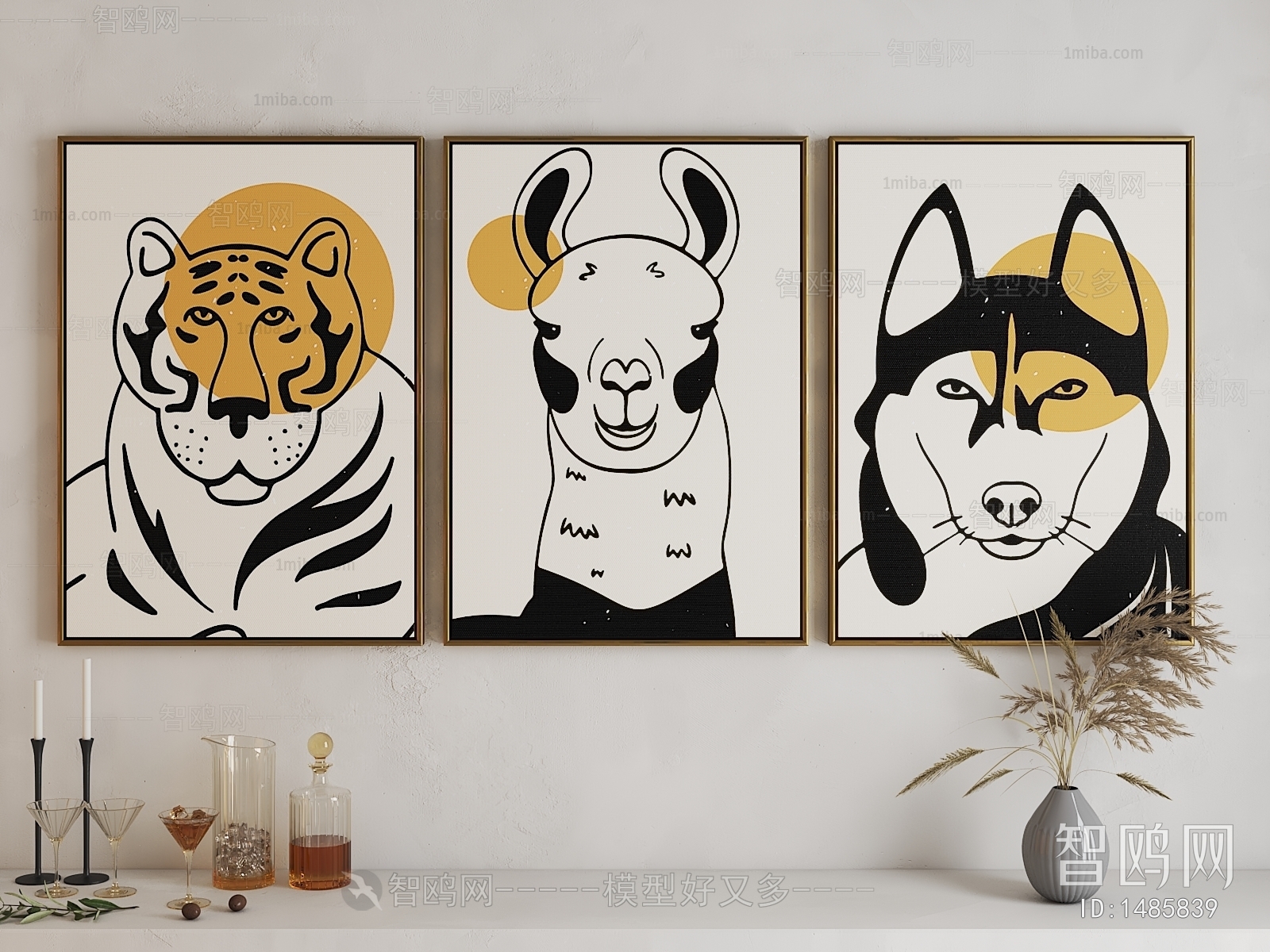 现代老虎，羊驼，狼动物挂画