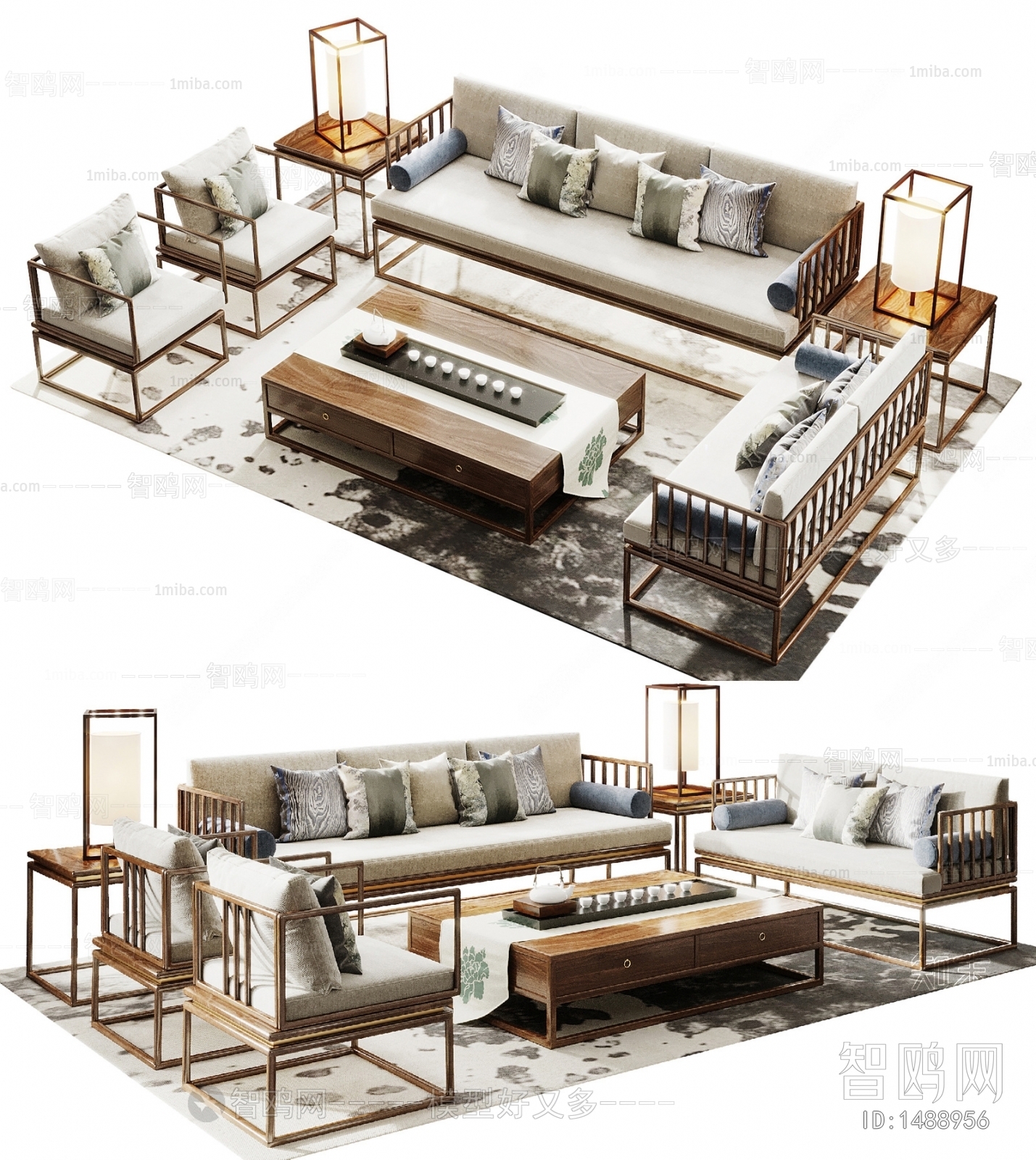 新中式沙发茶几组合3D模型下载