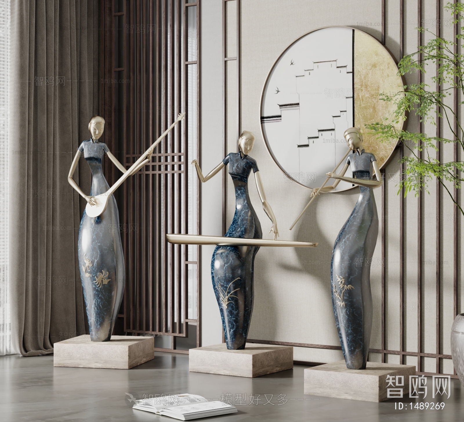 新中式人物雕塑摆件组合