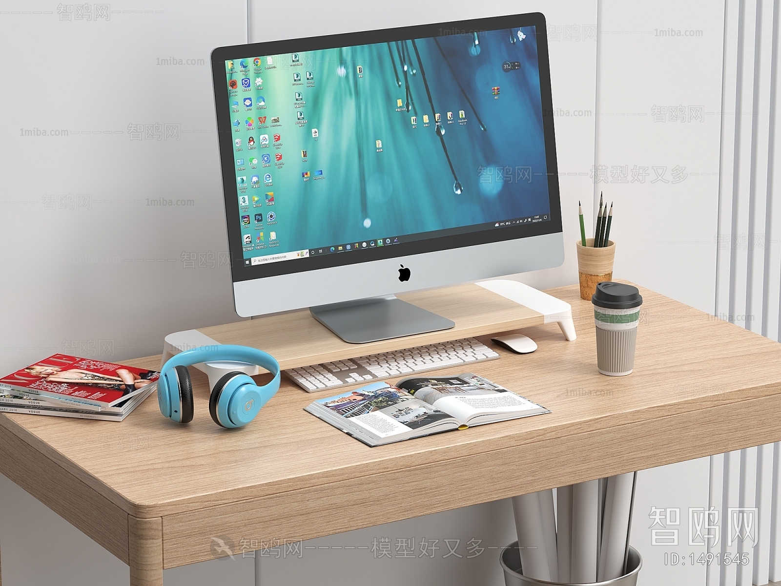 现代苹果电脑 显示器 键盘 鼠标 头戴式耳机 书桌