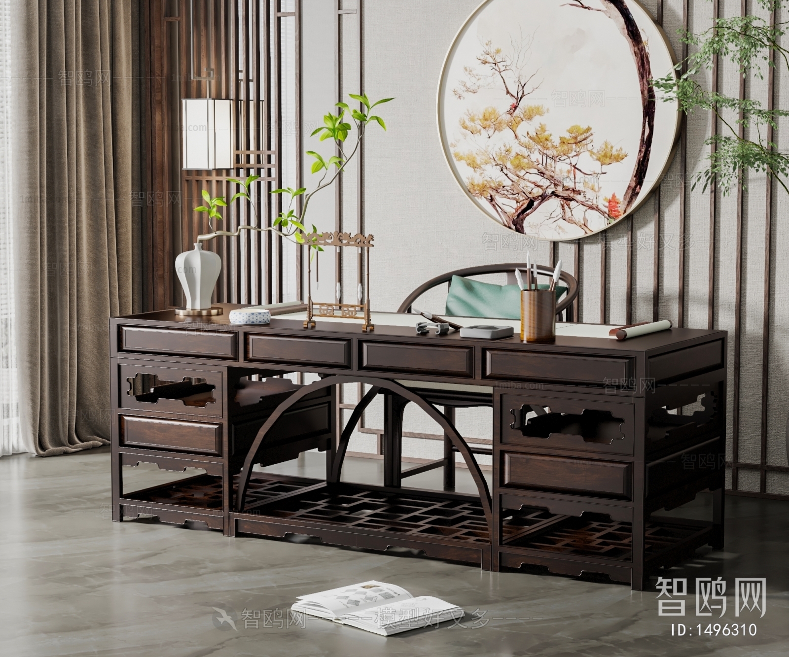 中式雕花书桌椅