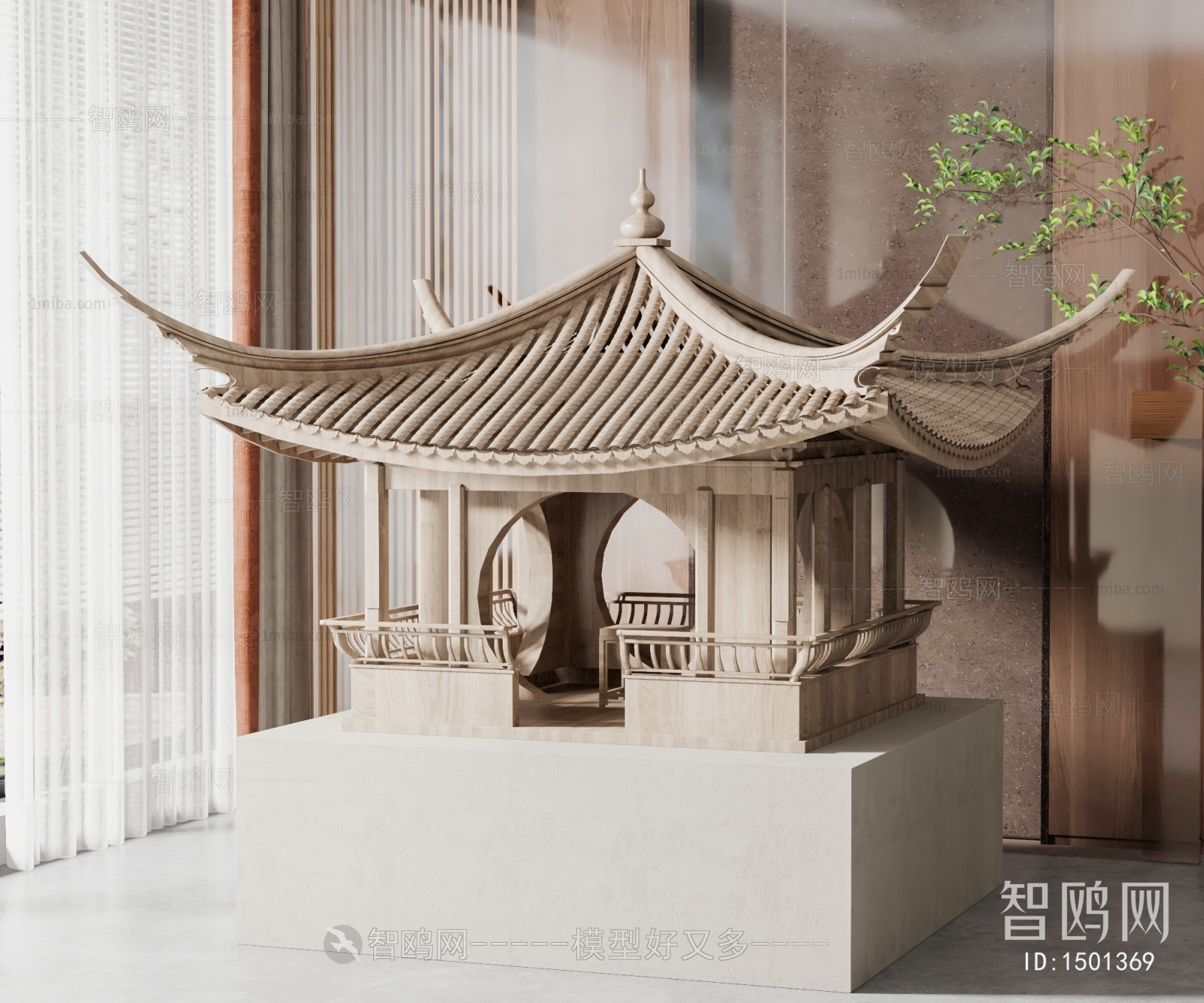 新中式古建筑雕塑摆件