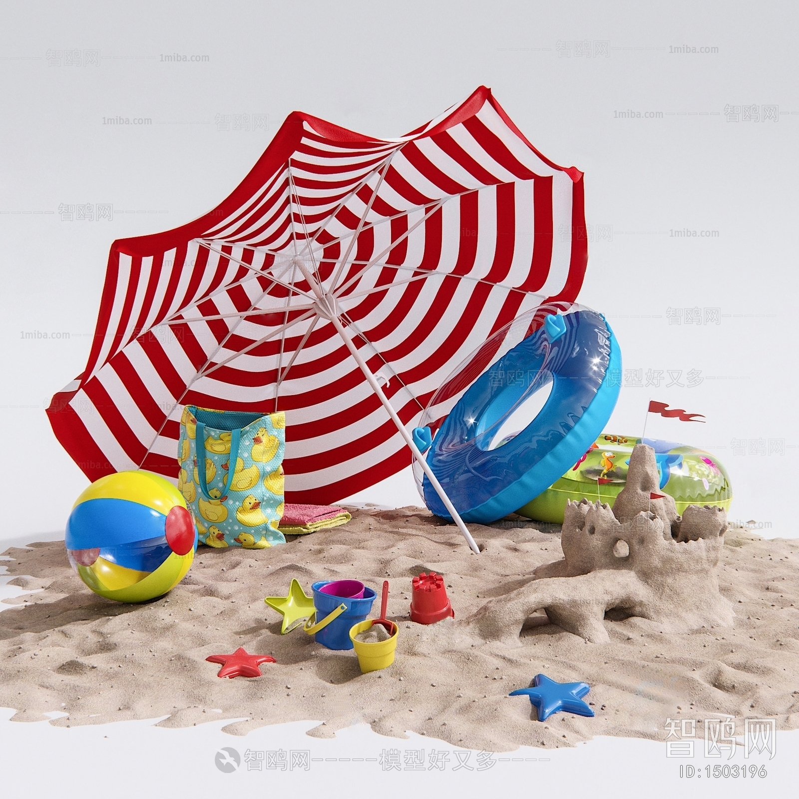 现代游泳圈，沙滩遮阳伞