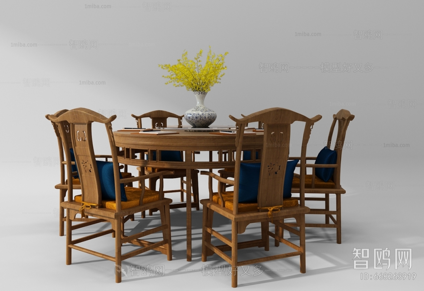 中式实木圆形餐桌椅