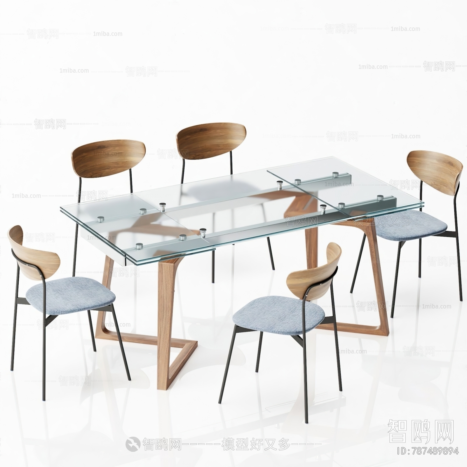 北欧长方形玻璃台面餐桌椅