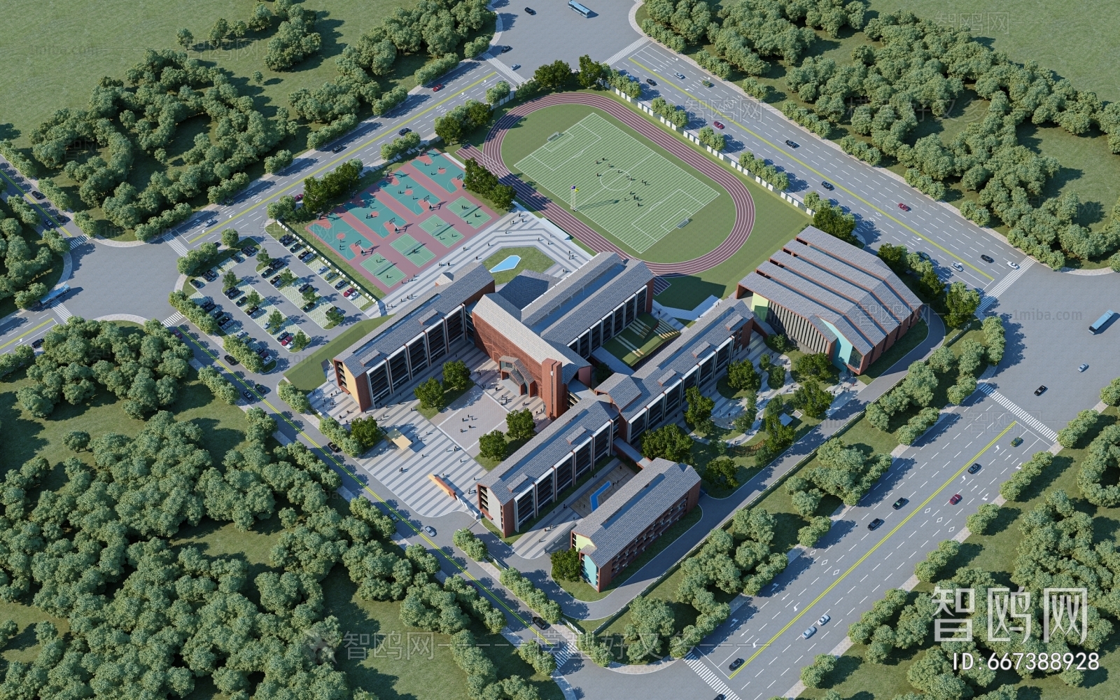 新中式学校建筑鸟瞰