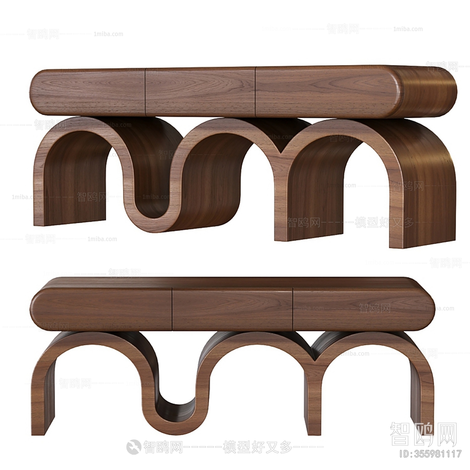 现代实木弧形长凳