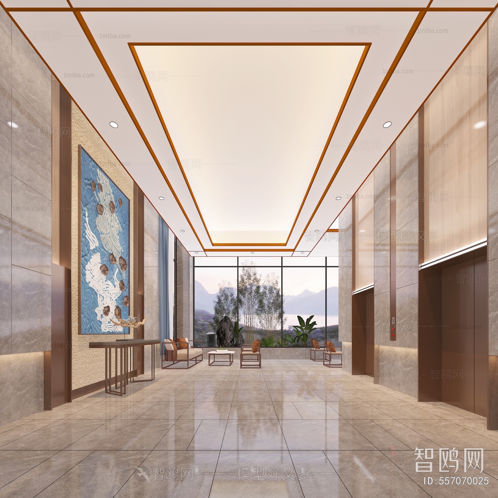 New Chinese Style Office Elevator Hall