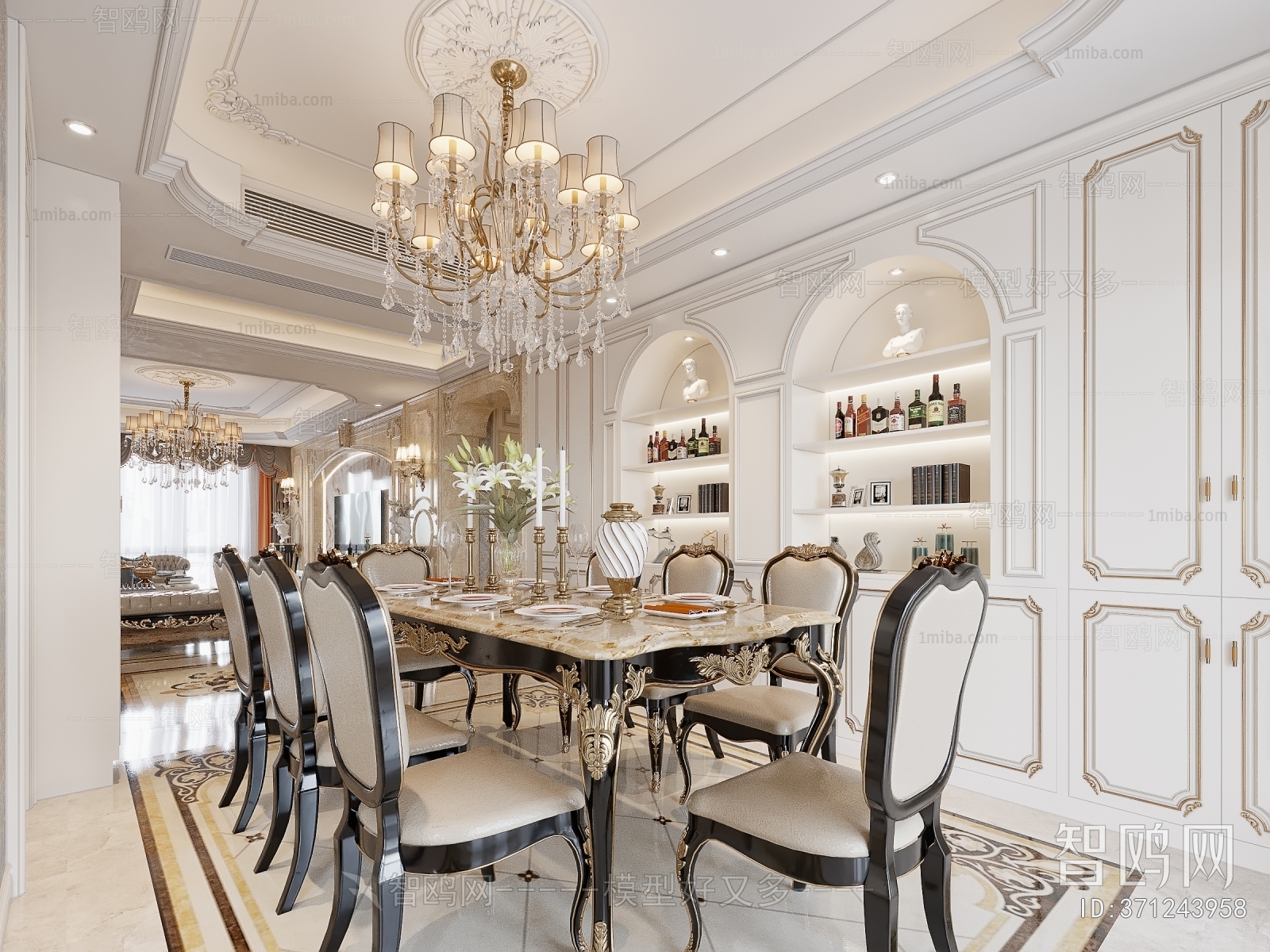 多场景-欧式古典餐厅+客厅3D模型下载