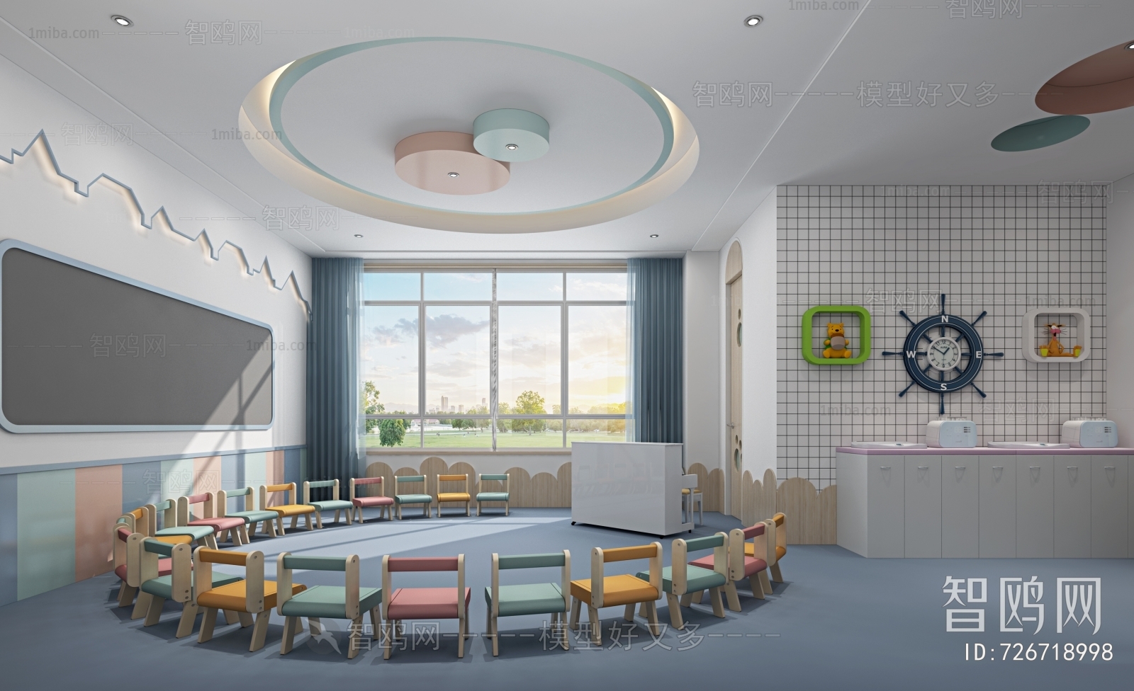 多场景-现代儿童幼儿园活动区+前台+走廊+卫生间