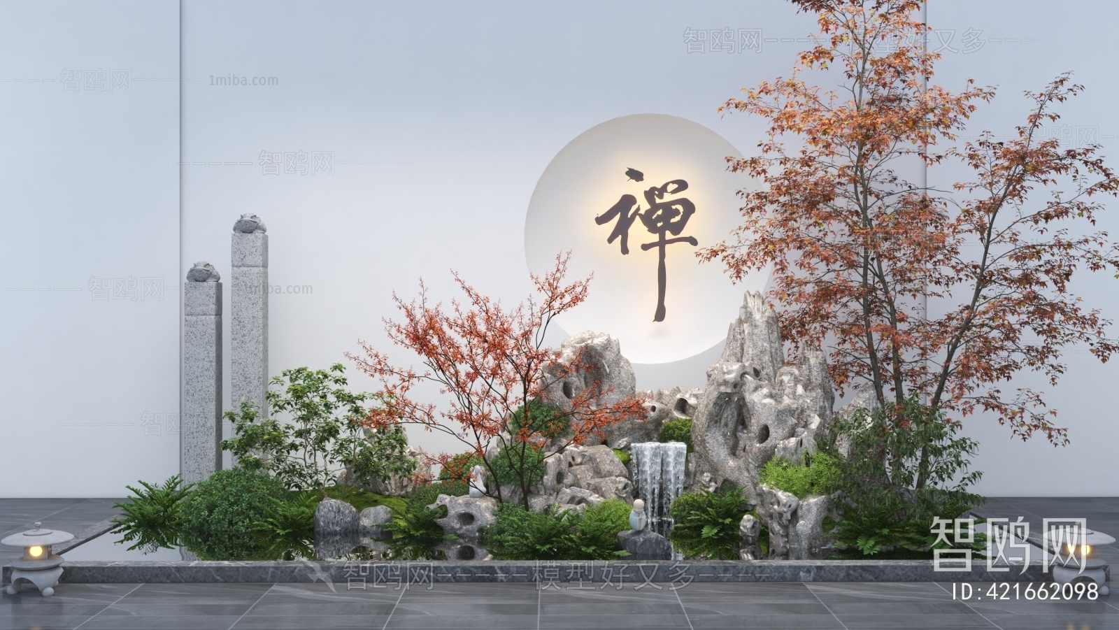 新中式假山石头植物造景小品