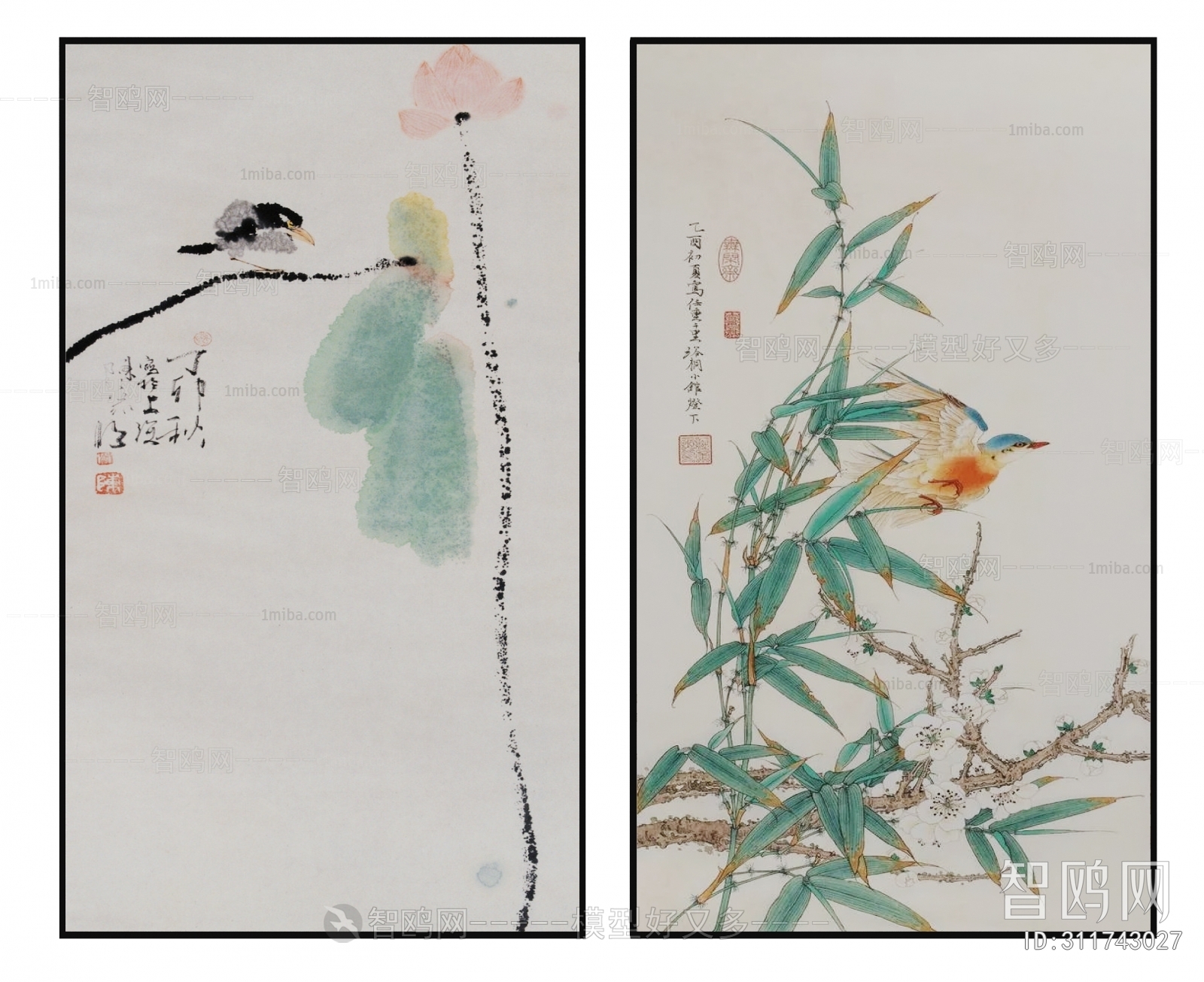 中式花鸟竹子图案挂画