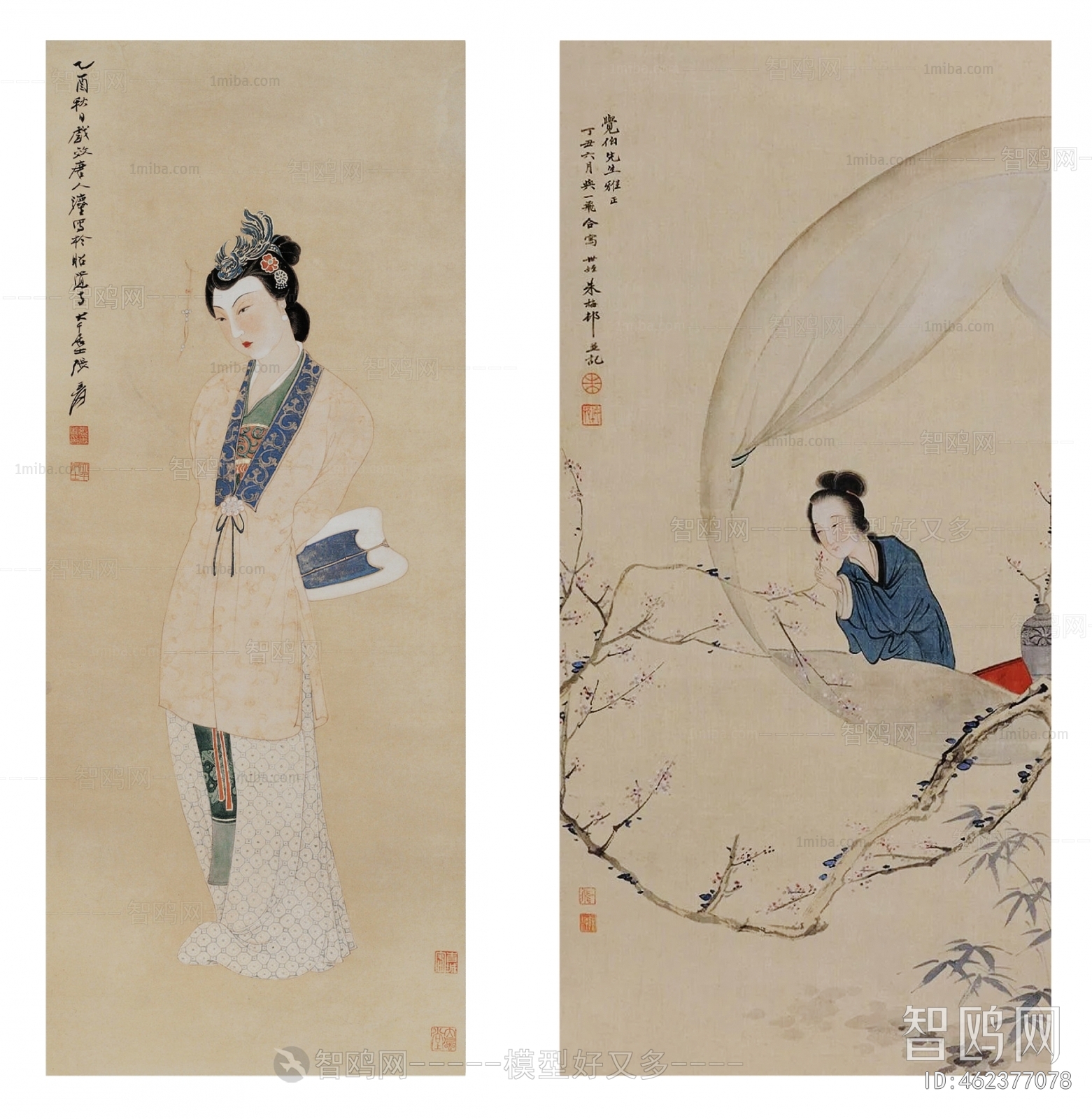 中式女士人物场景图案挂画