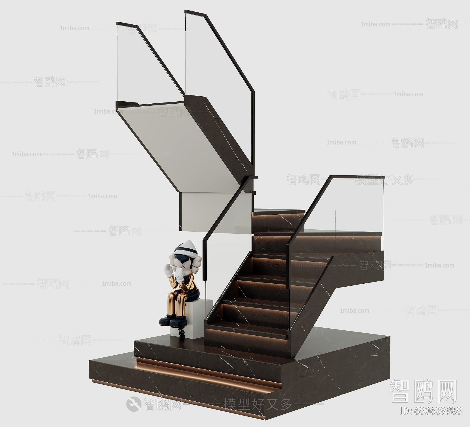 现代楼梯玻璃栏杆3D模型下载