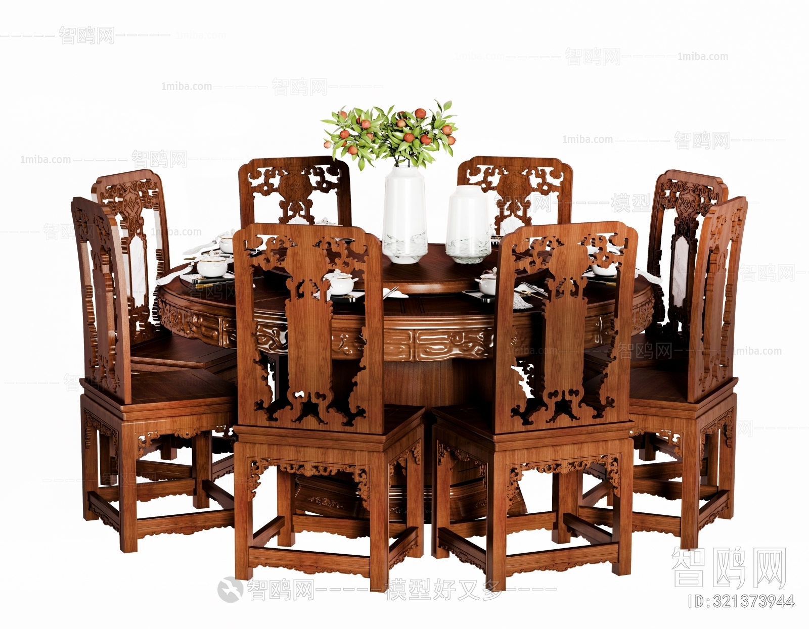 中式实木圆形餐桌椅组合